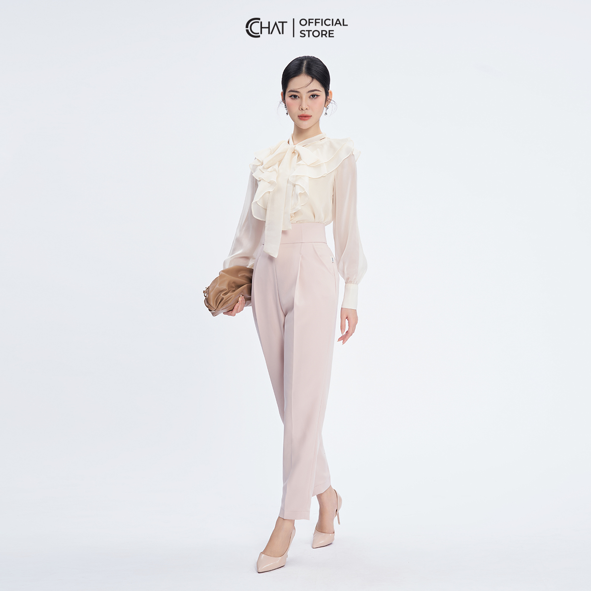 Áo Sơ Mi Nữ  Trơn Vai Bèo Buộc Nơ Chất Liệu Voan Cao Cấp 13FDV2005ST