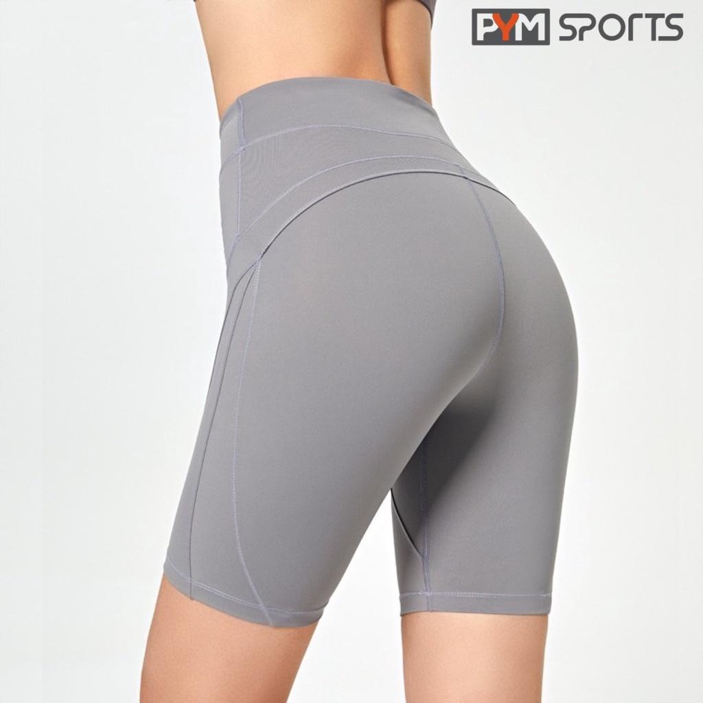 Quần legging đùi tập gym yoga PYMSPORT - PYML029 thun cạp cao, dáng ôm bó, 4 màu đen, tím, ghi, hồng