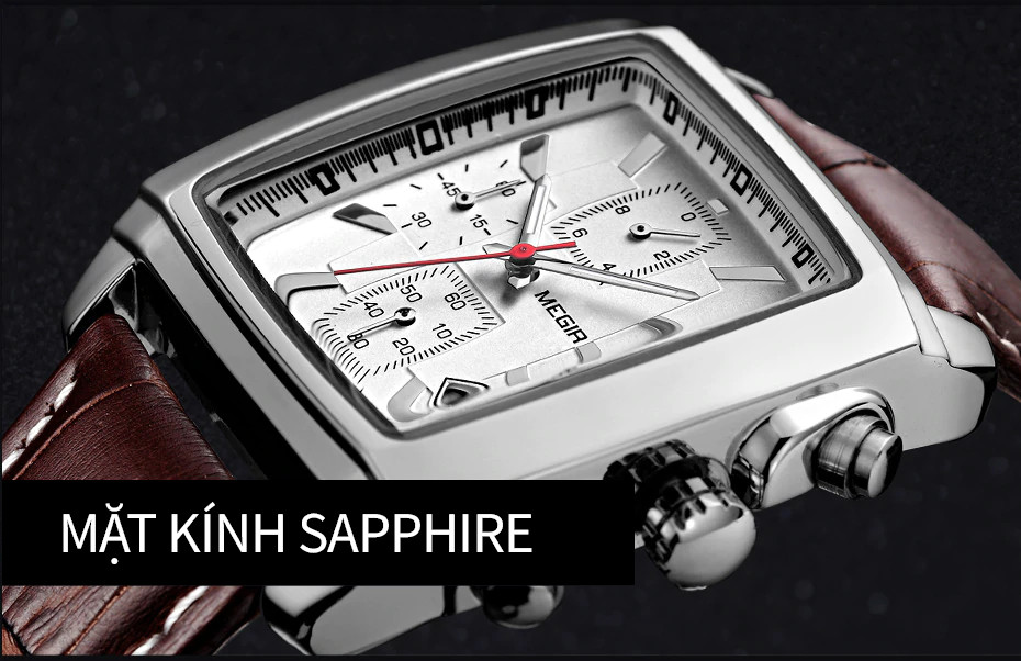Đồng hồ đeo tay dây da mặt kính sapphire MEGIR 2028 6 kim chronograph có lịch