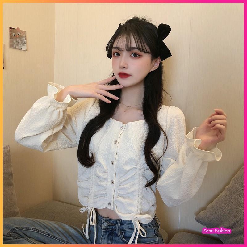 Áo Sơ Mi Nữ CropTOP Cổ Vuông Rút Dây Ngực Ulzzang