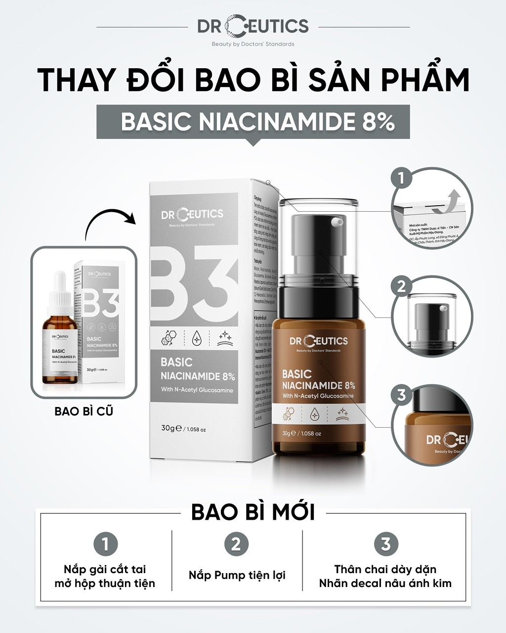 Tinh Chất Niacinamide Basic 8% DrCeutics Cho Da Dầu Mụn 