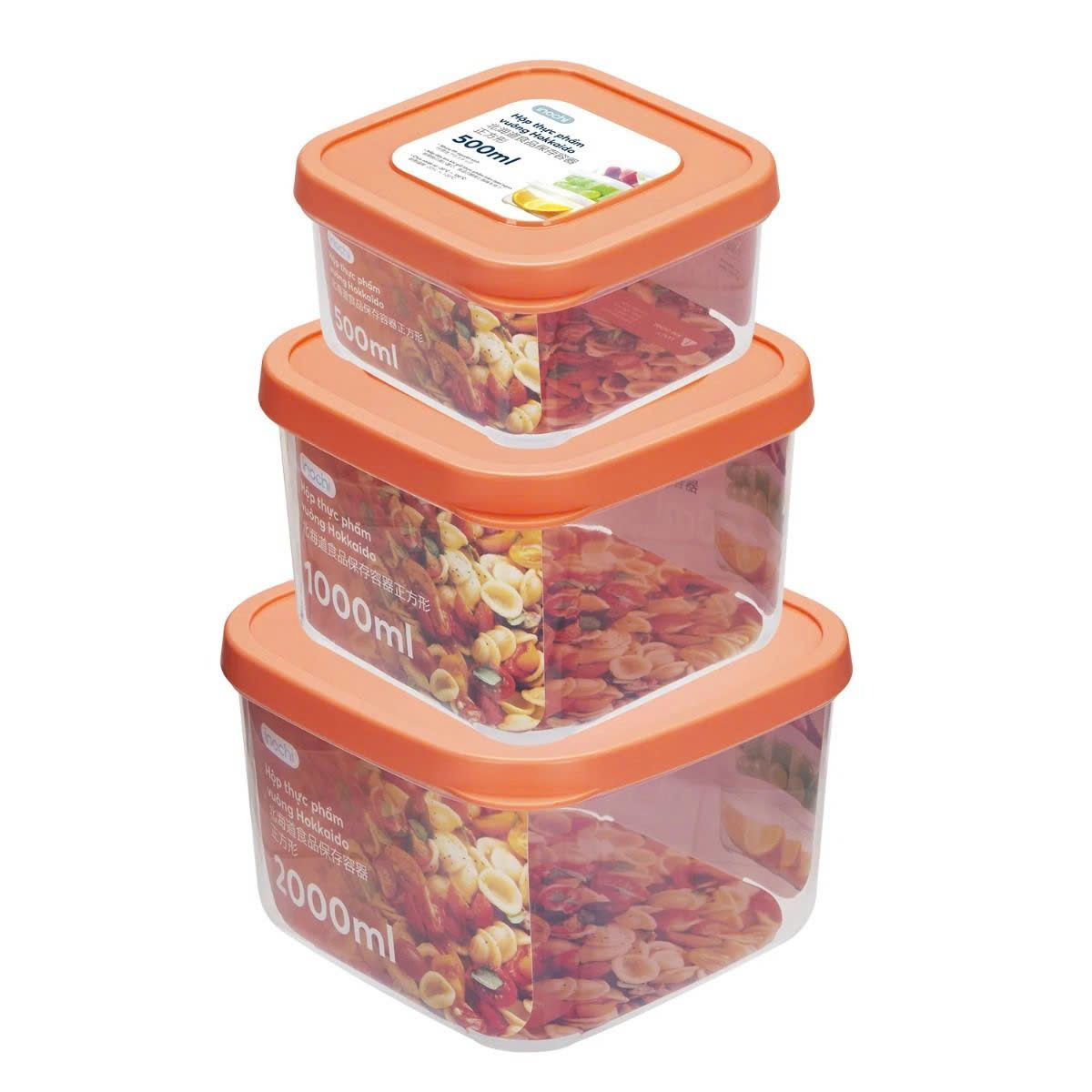 Bộ 3 hộp thực phẩm vuông Hokkaido 500-1000-2000ml ( Tặng kèm Sticker) - INOCHI - chất lượng tiêu chuẩn Nhật Bản