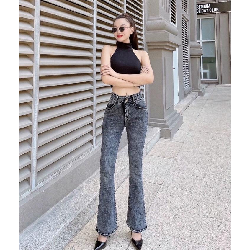 Quần Jeans Nữ Ống Loe Dài Co Giãn Màu Xám