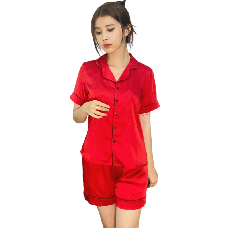 Bộ đồ Pijama lụa, đồ mặc nhà nữ VILADY - B125 kiểu quần đùi tay cộc họa tiết trơn, chất liệu lụa Pháp cao cấp - Màu đỏ đô