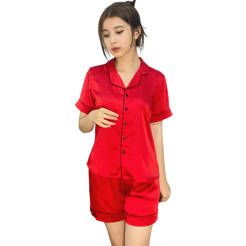 Bộ đồ Pijama lụa, đồ mặc nhà nữ  VILADY - B125 kiểu quần đùi tay cộc họa tiết trơn, chất liệu lụa Pháp (lụa latin) cao cấp - Màu đỏ đô