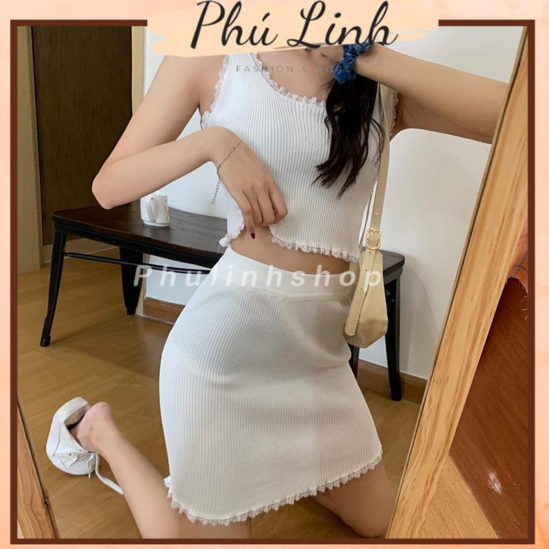 MS537 Set áo ba lỗ kèm chân váy viền ren