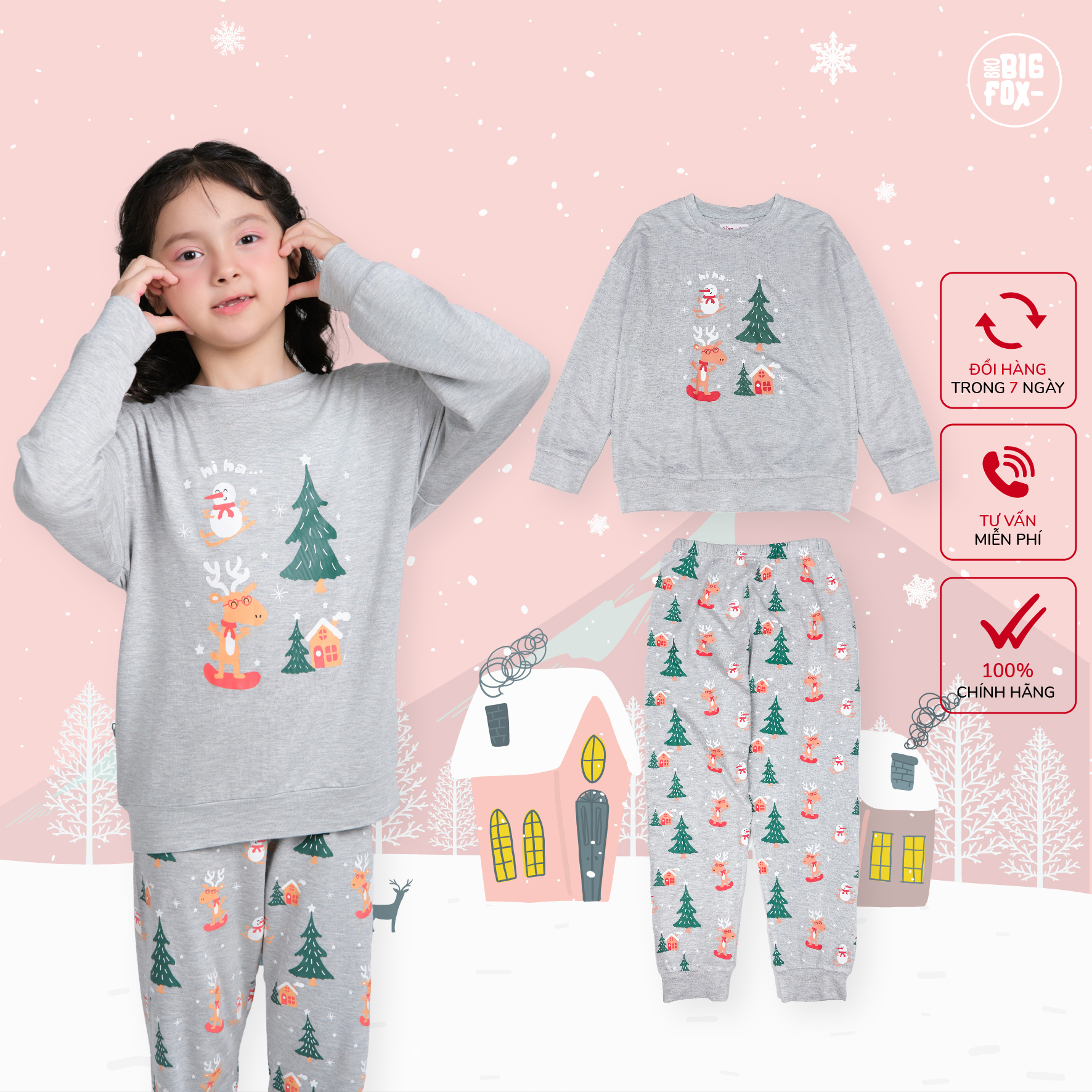 Bộ đồ Noel cho bé trai bé gái Bigfox Miss Meow size đại vải nỉ in Người Tuyết cỡ trẻ em 3-11 tuổi