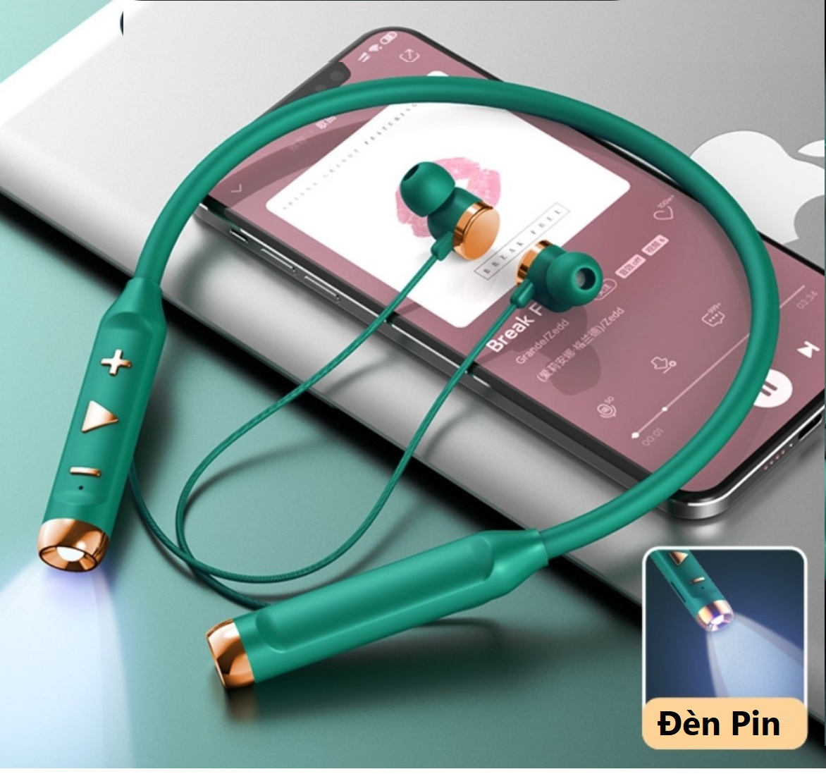 Tai Nghe Bluetooth  5.1  Thể Thao Quàng Cổ Có Đèn Pin , Âm Thanh Hifi Stereo, Pin 400mAh Sử Dụng Liên Tục Từ 20 Đến 40 Giờ Tùy Theo Mức Âm Lượng, Hỗ Trợ Khe Cắm Thẻ NhớTF.