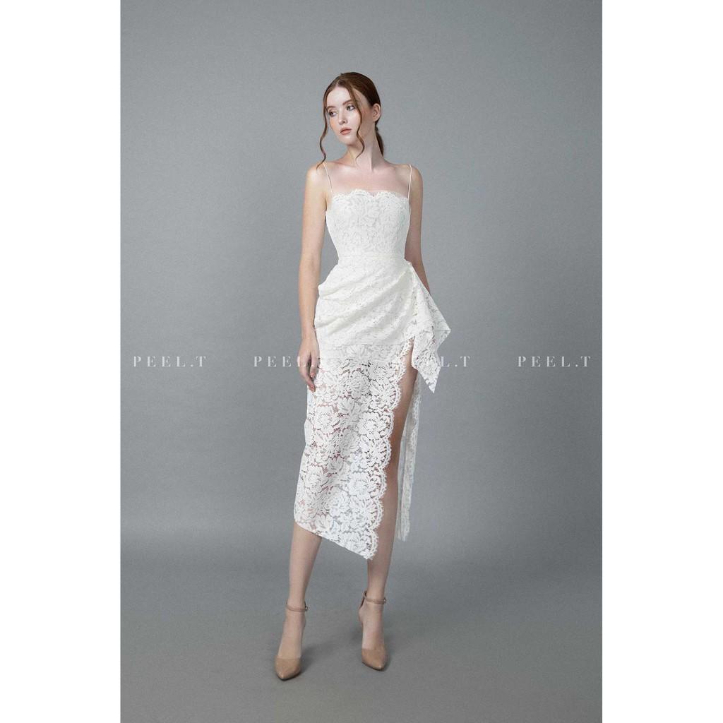PEEL.T - Đầm ren Leila trắng đen xẻ tà sang trọng tinh tế đi chơi, dự tiệc, công sở