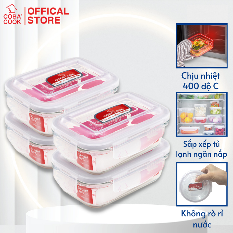 Bộ 4 hộp đựng cơm, trữ thực phẩm thủy tinh chịu nhiệt COBA'COOK hộp chữ nhật 370ml- CCL34