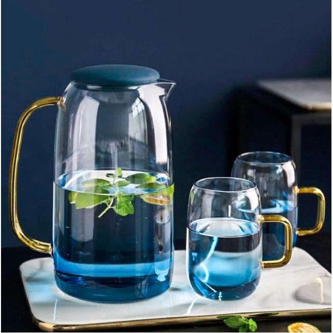 Bình đựng nước thủy tinh kèm 6 cốc màu xanh nước biển