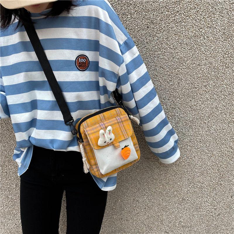 Canvas Bag All-Match Messenger Bag Cartoon Cute Plaid Shoulder Bag Fashion