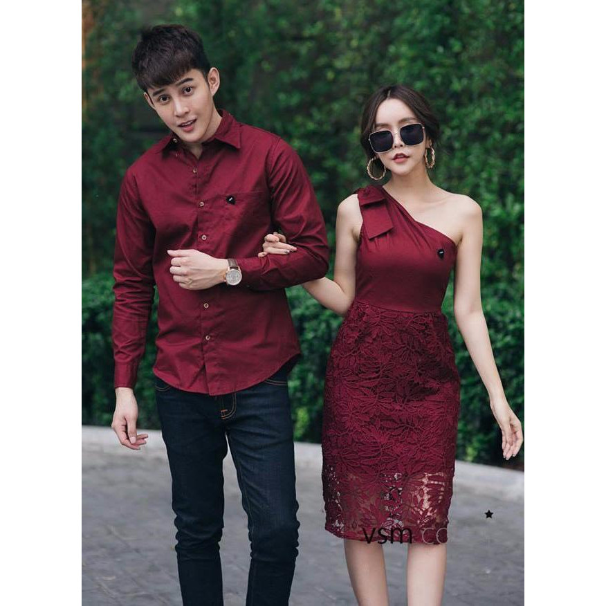 Set Áo váy đôi sơ mi CoupleTina phối lưới đỏ đô mới 2020