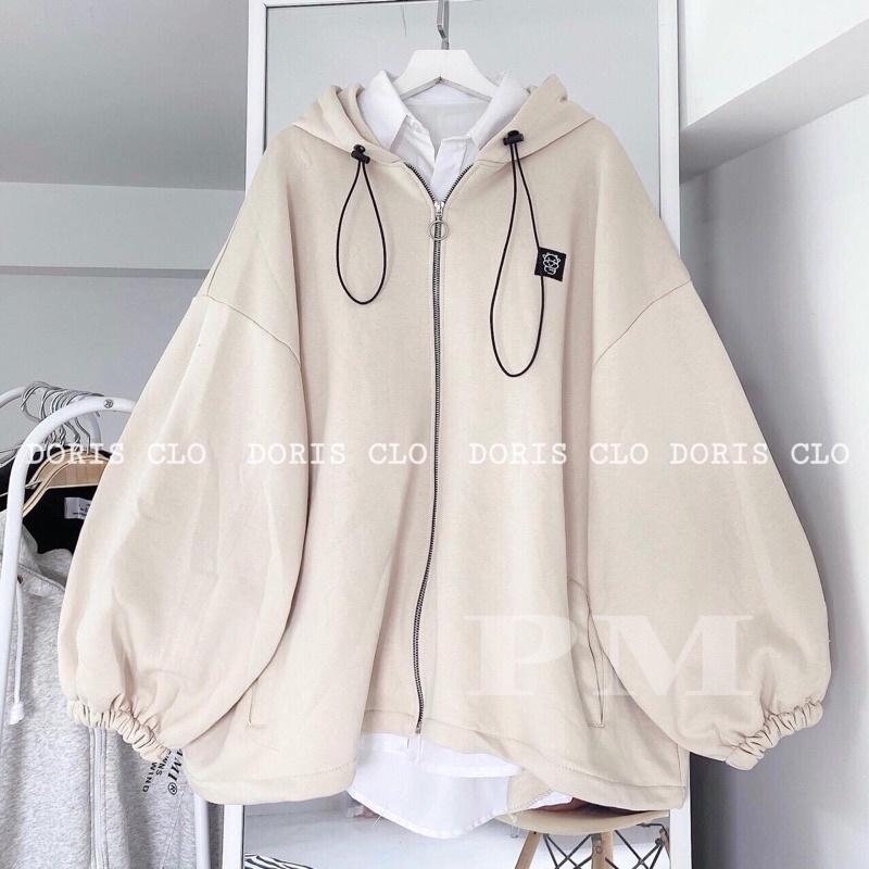 ÁO NỈ KHOÁ UNISEX THÊU LÔ GÔ BÒ TAY CHUN CHỐT GẤU 2 MÀU ĐEN, BE FREESIZE