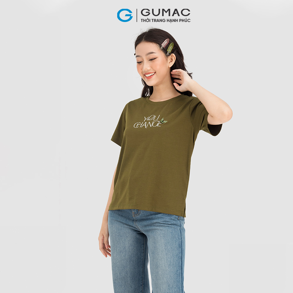 Áo in chữ xẻ tà GUMAC ATC08011 cổ tròn màu xanh đen