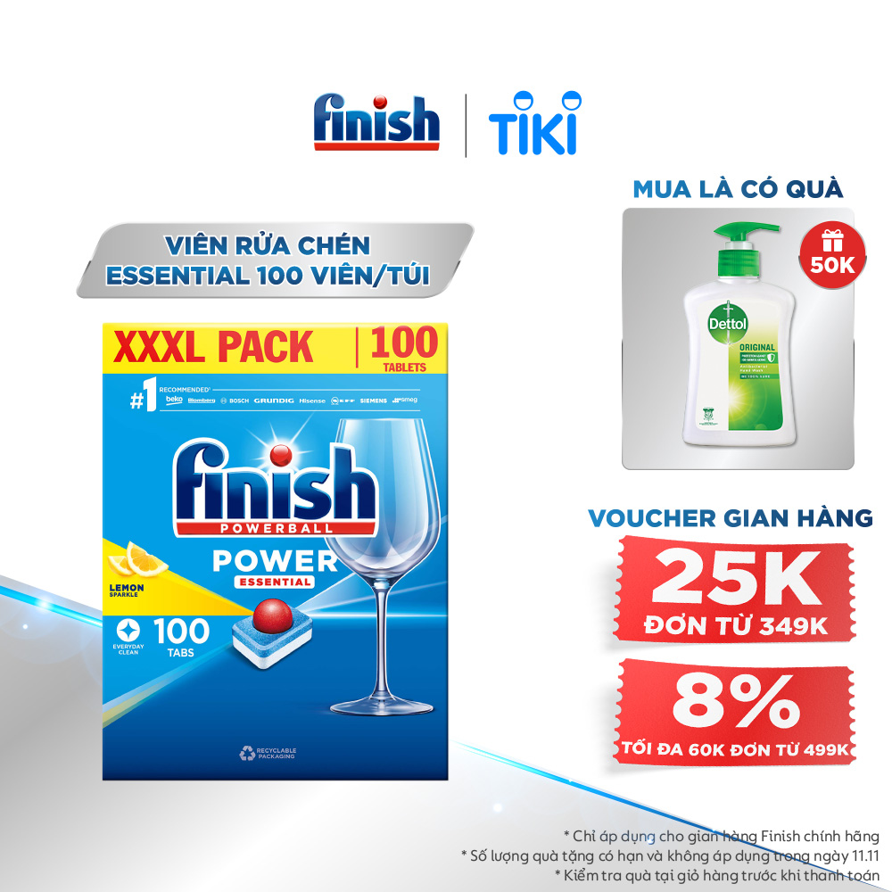 Viên Rửa Chén Bát Hương Chanh Finish Powerball Power Essential Lemon Sparkle - Túi 100 viên siêu tiết kiệm