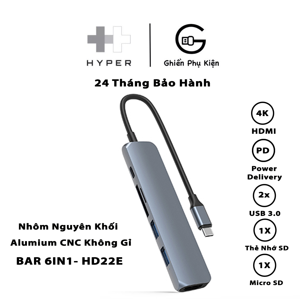 Cổng Chuyển HYPERDRIVE BAR 6 IN 1 USB-C HUB For MACBOOK, SURFACE, PC & DEVICES – HD22E - HÀNG CHÍNH HÃNG