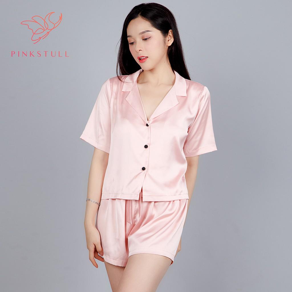 Bộ đồ ngủ lụa pijamas Pink Stull tay ngắn quần ngắn hồng pastel