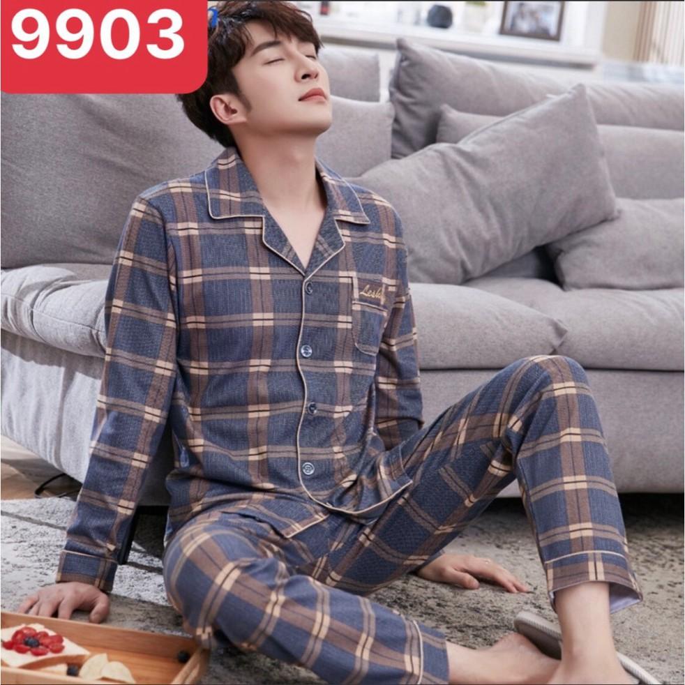 freeship Đồ mặc nhà dài tay nam mã 9903 chất cotton 100% - Đồ bộ Pijama nam cổ V (Hàng có sẵn+Video shop tự quay)