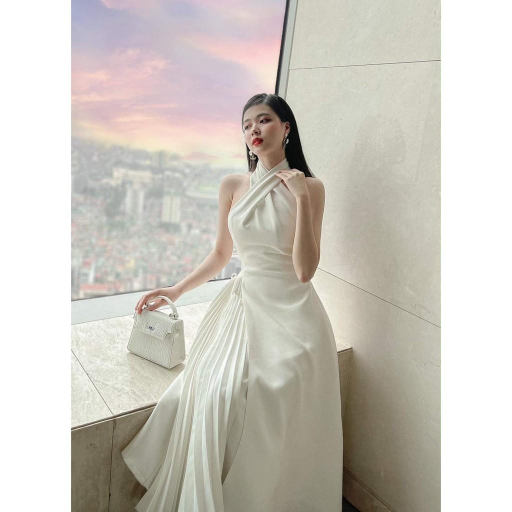 Đầm nữ trắng maxi xòe dập li cổ yếm chiết eo dáng dài bigsize dự tiệc lady xanh giá rẻ đẹp