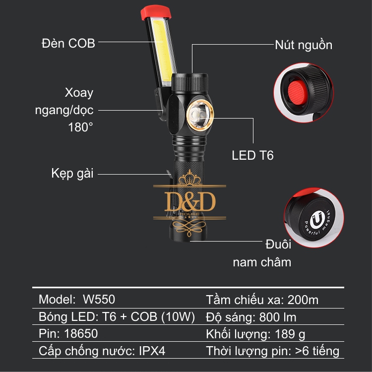 Đèn pin sạc siêu sáng LED - COB đuôi nam châm