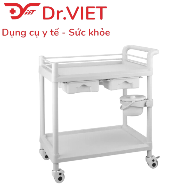 Xe đẩy dụng cụ tiêm nhựa ABS. Loại 2 tầng cỡ lớn, 2 hộc kéo, 1 chậu