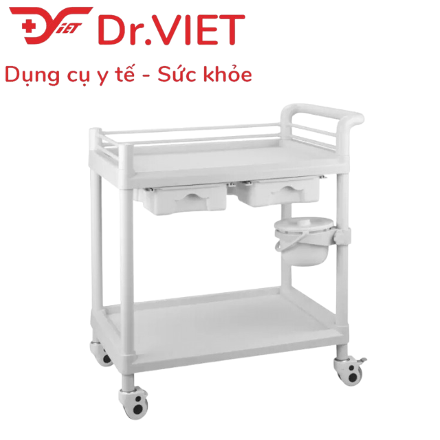 Xe đẩy dụng cụ tiêm nhựa ABS. Loại 2 tầng cỡ lớn, 2 hộc kéo, 1 chậu (L)