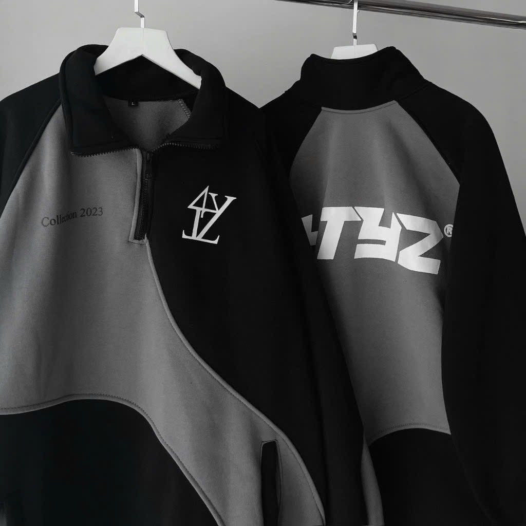 Áo khoác hoodie nỉ in chữ TYZ Form rộng dây kéo ở cổ phối thân dây rút lai chống nắng tốt