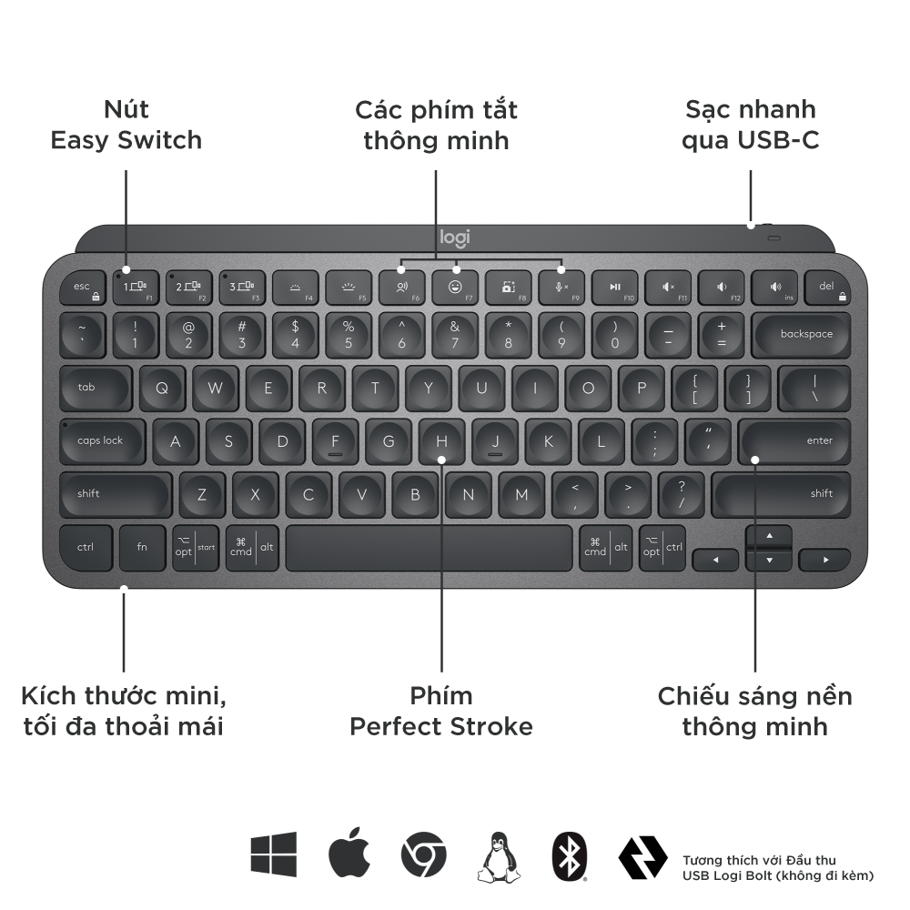 Bàn phím không dây Bluetooth Logitech MX Keys Mini - Hàng Chính Hãng