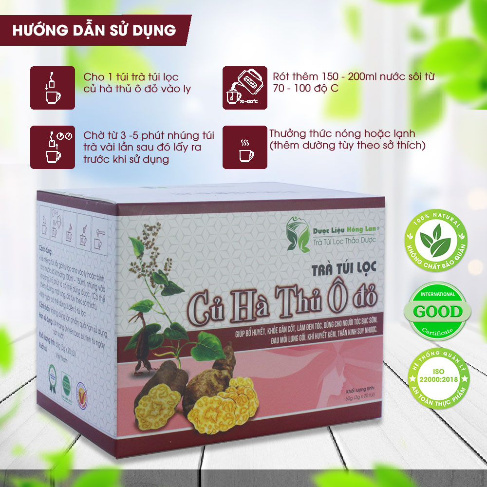 Trà Củ Hà Thủ Ô Đỏ túi lọc hộp 60g Dược Liệu Hồng Lan - Giúp bổ huyết, khỏe gân cốt, làm đen tóc, Dùng cho người tóc bạc sớm, đau mỏi lưng gối, khí huyết kém, thần kinh suy nhược.