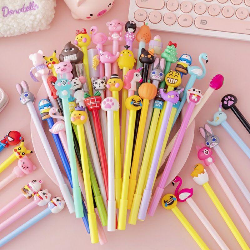 Combo 10 bút bi nước đầu hình ngộ nghĩnh mực đen mực xanh