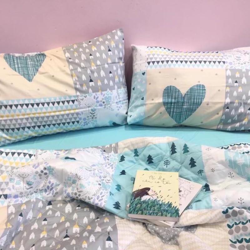vải họa tiết trái tim xanh chất cotton lụa may ga drap trải giường, may gối kiểu dễ thương