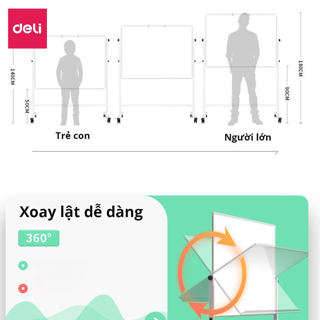 Bảng Từ Trắng Hai Mặt Xoay 360 Độ Có Chân Di Động Chữ H Điều Chỉnh Cao Thấp Kèm Bộ Phụ Kiện Bút Lau Bảng Nam Châm Deli