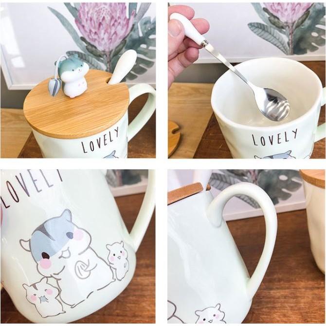 Cốc sứ, ly sứ hình chuột kèm nắp và thìa 400ml cực cute, họa tiết sắc nét bền đẹp