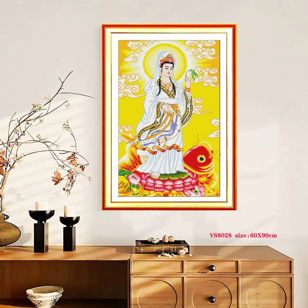 Tranh thêu kín Quan âm vs8028, kích thước 60 x 90 cm