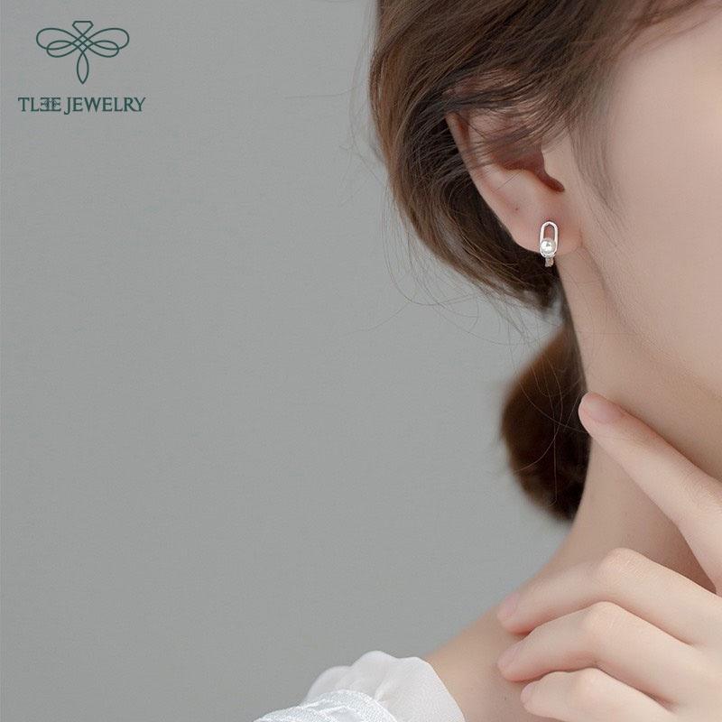 Bông tai bạc nữ TLEE mẫu tròn bấm gắn ngọc trai nhân tạo trendy TleeJewelry