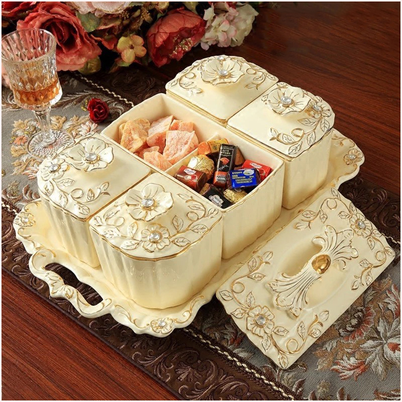 [SỨ CAO CẤP] Khay đựng kẹo mứt ngày tết chất liệu sứ cao cấp vẽ vàng sang trọng GS21