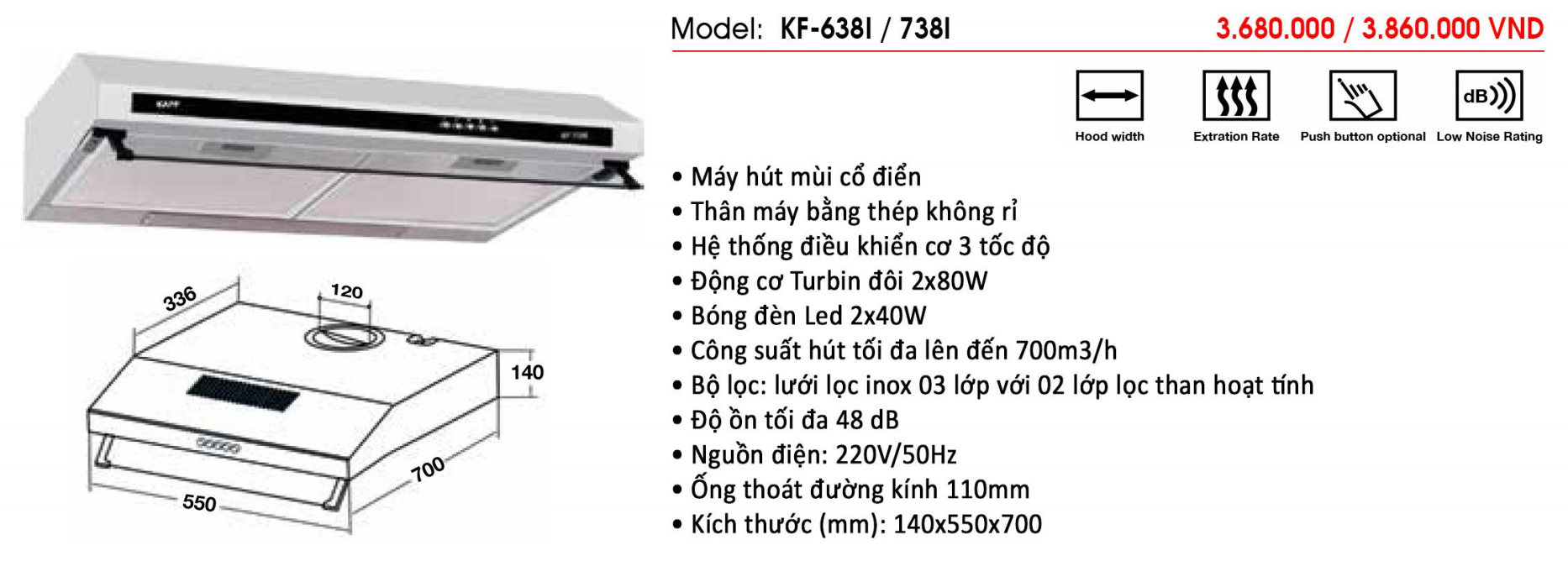 Máy hút khói, khử mùi cổ điển KAFF KF-738I - Sản phẩm chính hãng