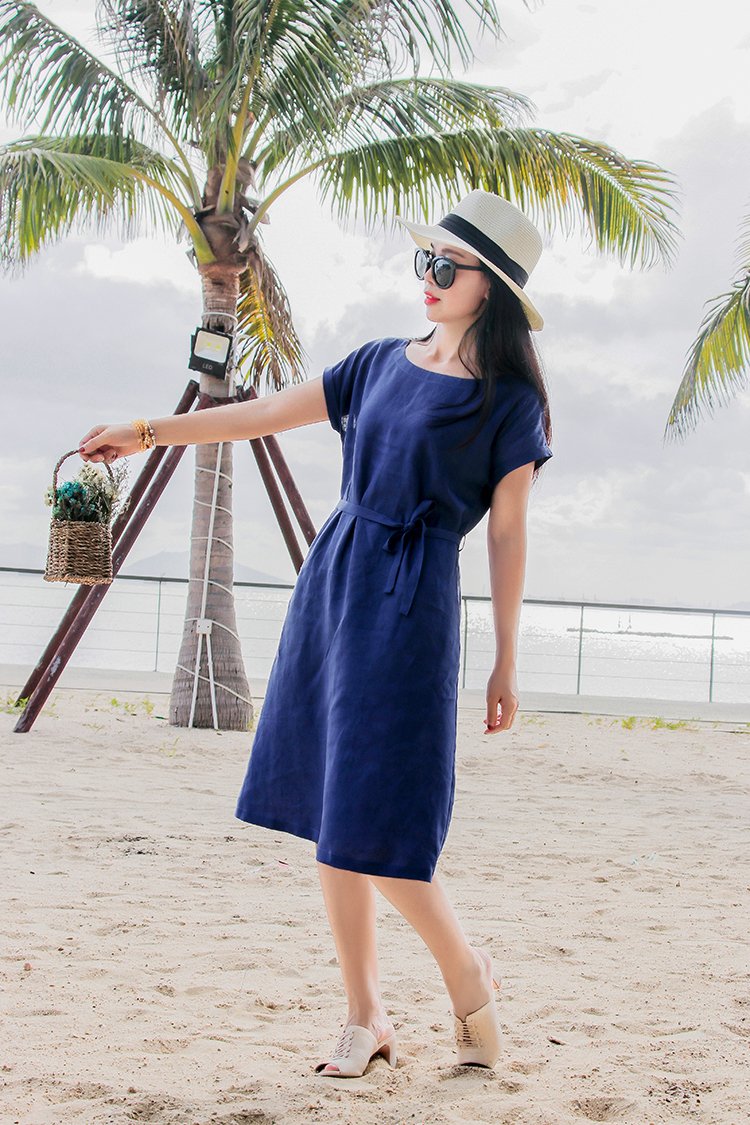 Đầm linen nữ , đầm suông thiết kế trơn basic kèm dây thắt eo, thời trang nữ đi làm, đi chơi Da84