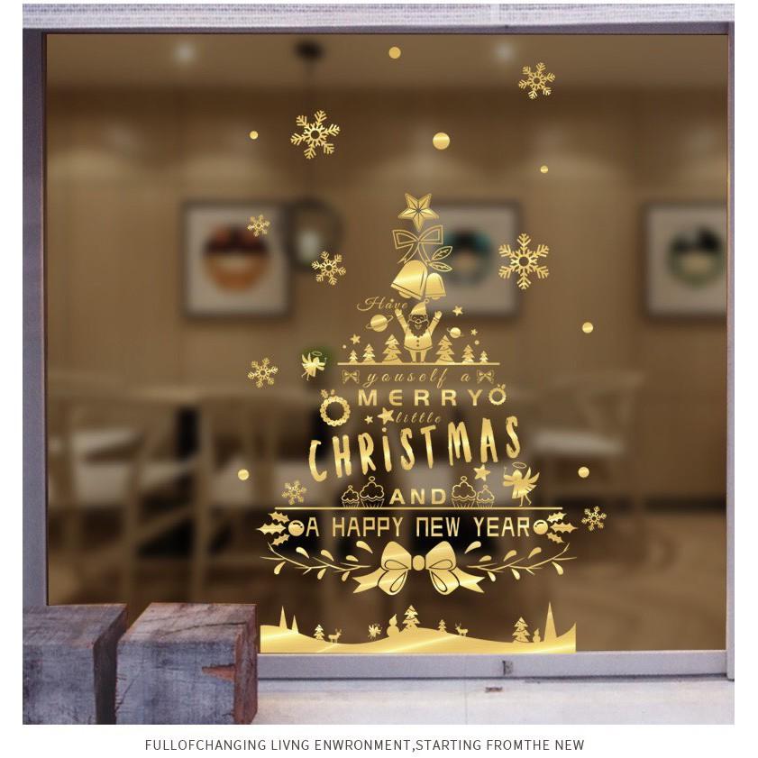 Decal trang trí tường Noel - Cây Thông Merry Christmas & Happy new year ánh đồng cao cấp