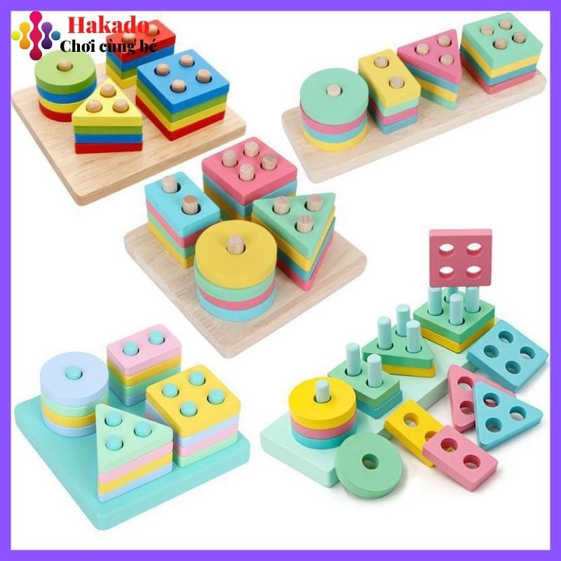 Đồ chơi gỗ Montessori thả hình 4 coc cho bé phát triển kỹ năng cơ bản