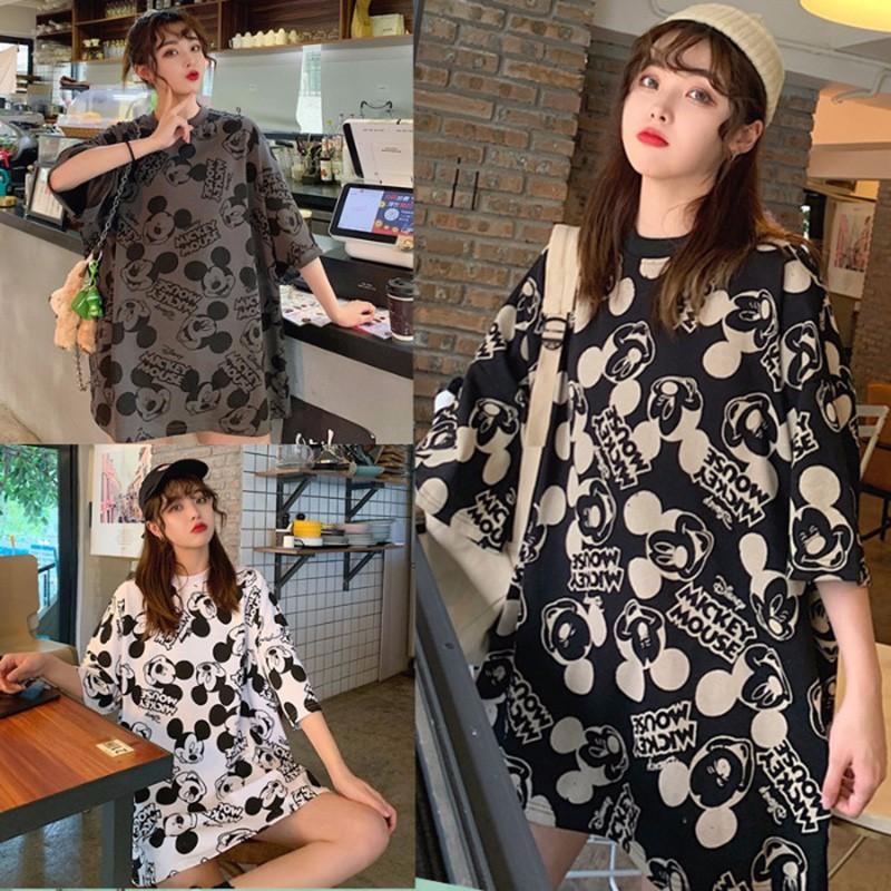 Áo thun tay ngắn cổ tròn dáng rộng in họa tiết hoạt hình đáng yêu cho nữ