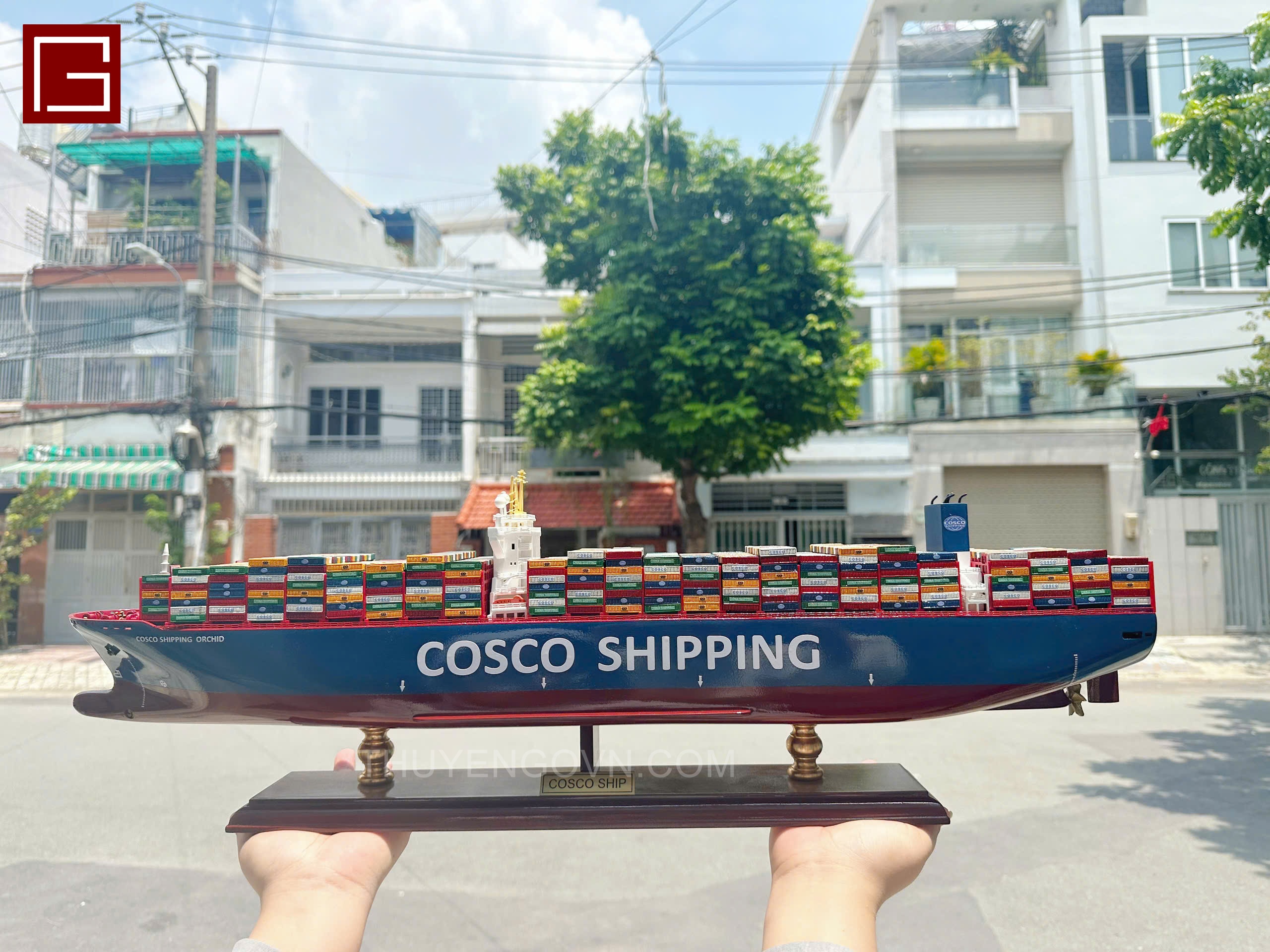 Mô Hình Thuyền Gỗ Phong Thủy Gia Nhiên, Thuyền Container Gỗ COSCO, Dài 100cm, Cao Cấp Loại 1