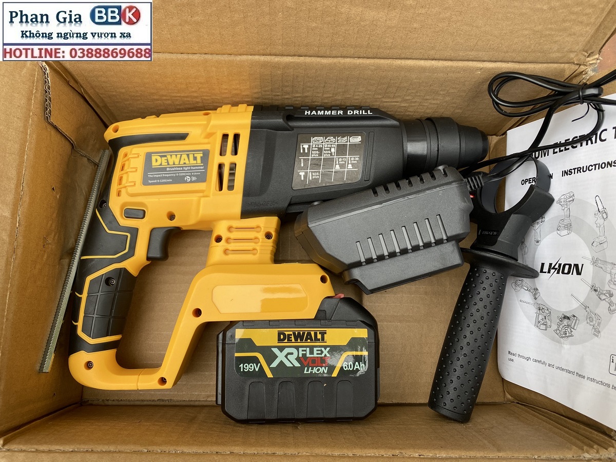 Máy Khoan Đục Bê Tông 199V - 3 Chức Năng: Khoan, khoan búa, đục - Động Cơ Không Chổ Than 100% Lõi Đồng