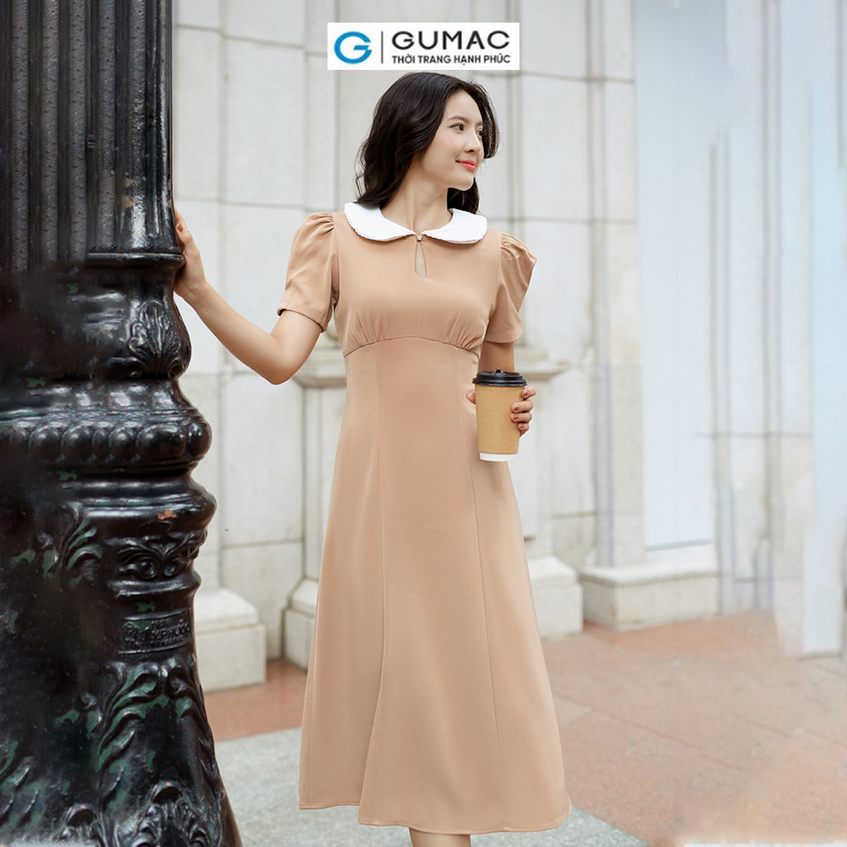 Đầm tay ngắn xếp ly phối bâu tròn thời trang GUMAC DD06057