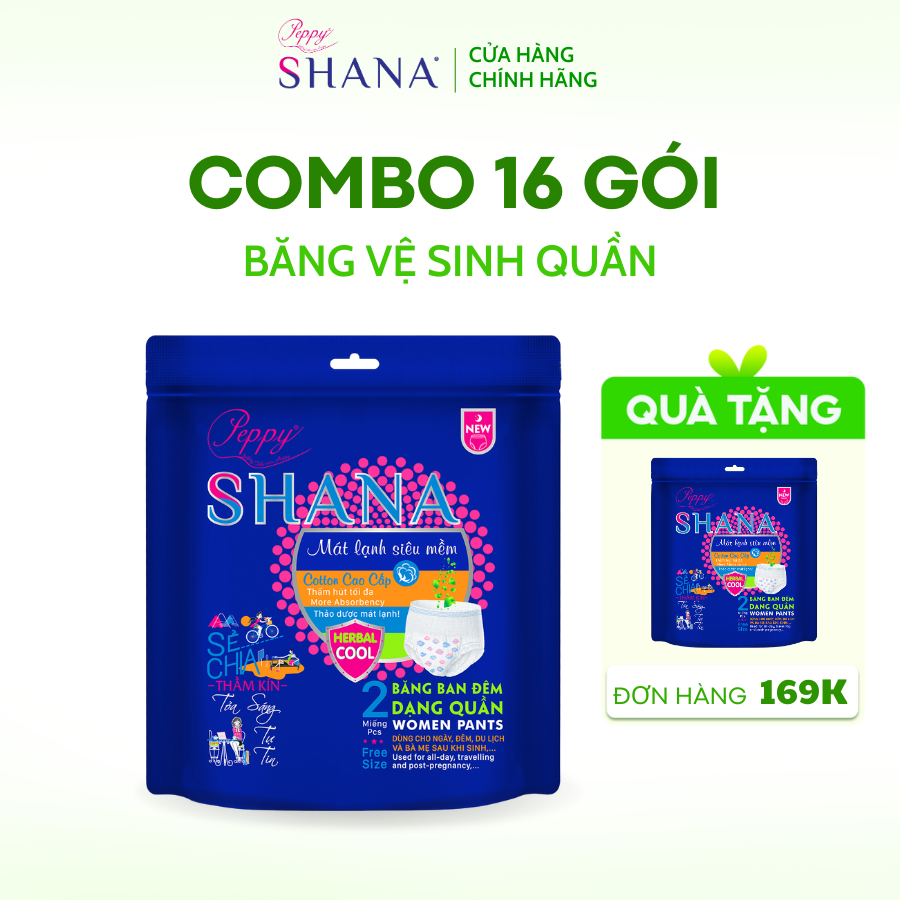 Combo 16 Gói Băng Vệ Sinh Quần Peppy Shana Ngày Đêm Siêu Thấm, Freesize, Chống Tràn Tối Đa, Tiết Kiệm 32 Miếng
