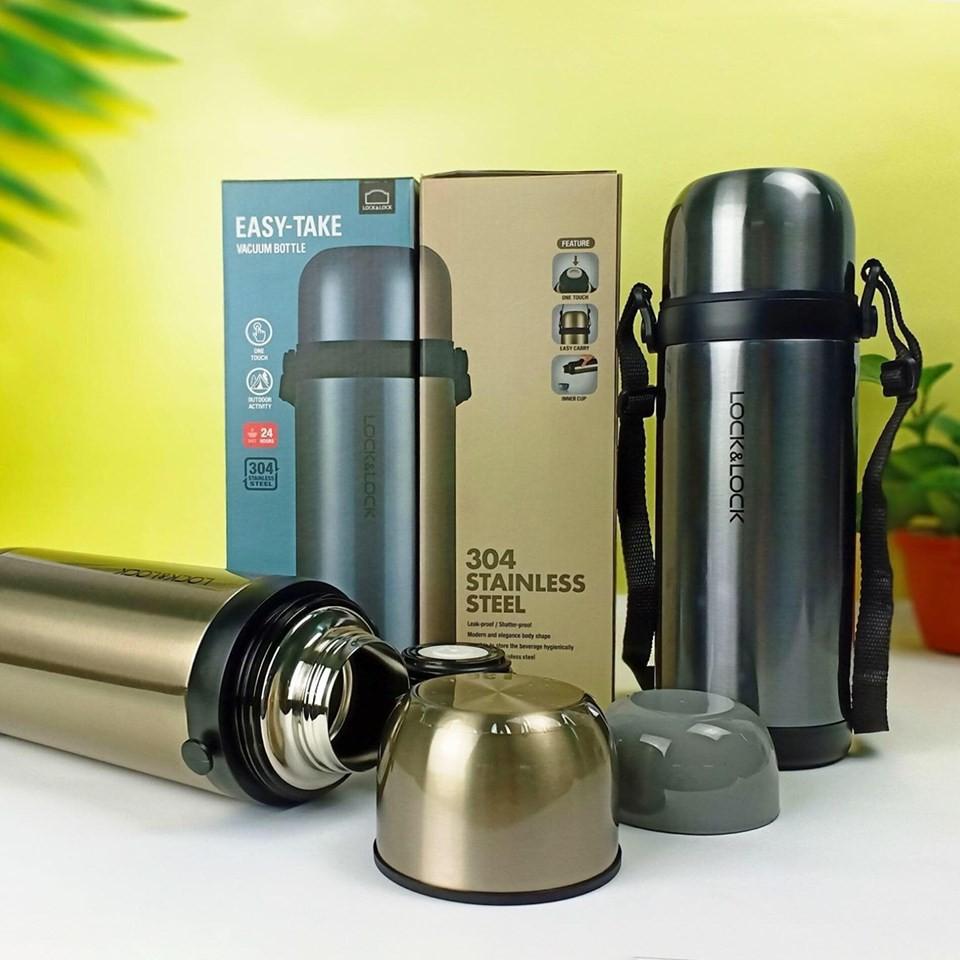 Bình nước giữ nhiệt, Bình Giữ Nhiệt Lock&amp;Lock Easy Take Vacuum Bottle LHC1439 Bằng Thép Không Gỉ, Dung Tích 1Lít