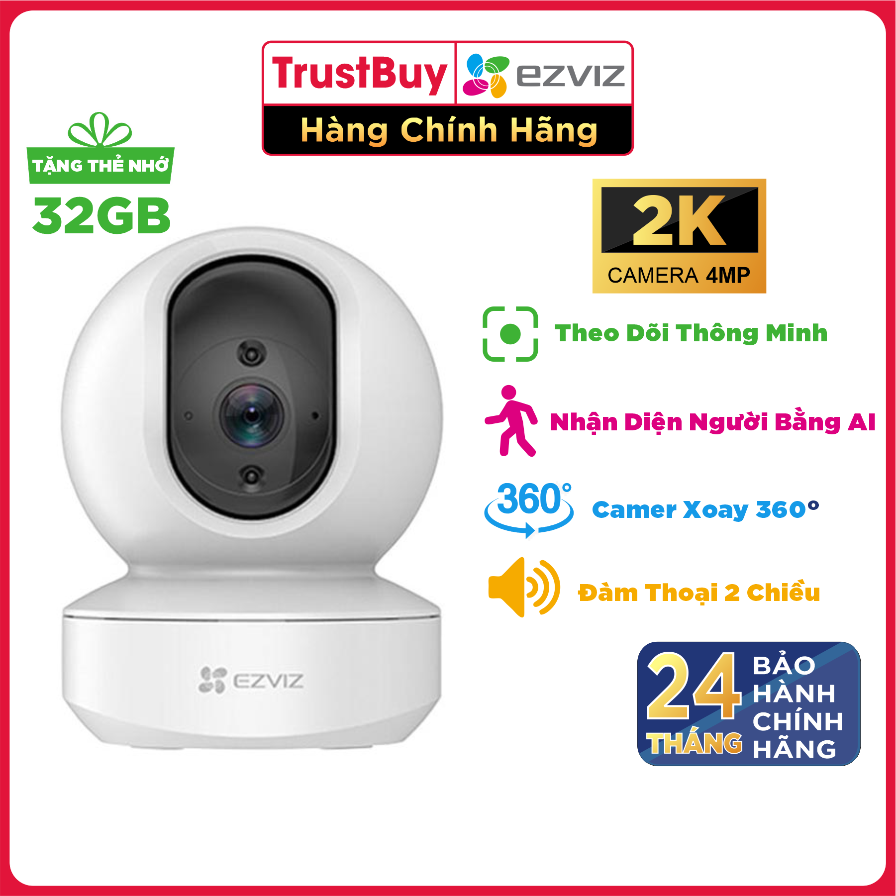 Bộ Camera WIFI EZVIZ TY1 4MP, Độ Phân Giải 2K Và Thẻ Nhớ 32GB Chuyên Cho Camera - Hàng Chính Hãng