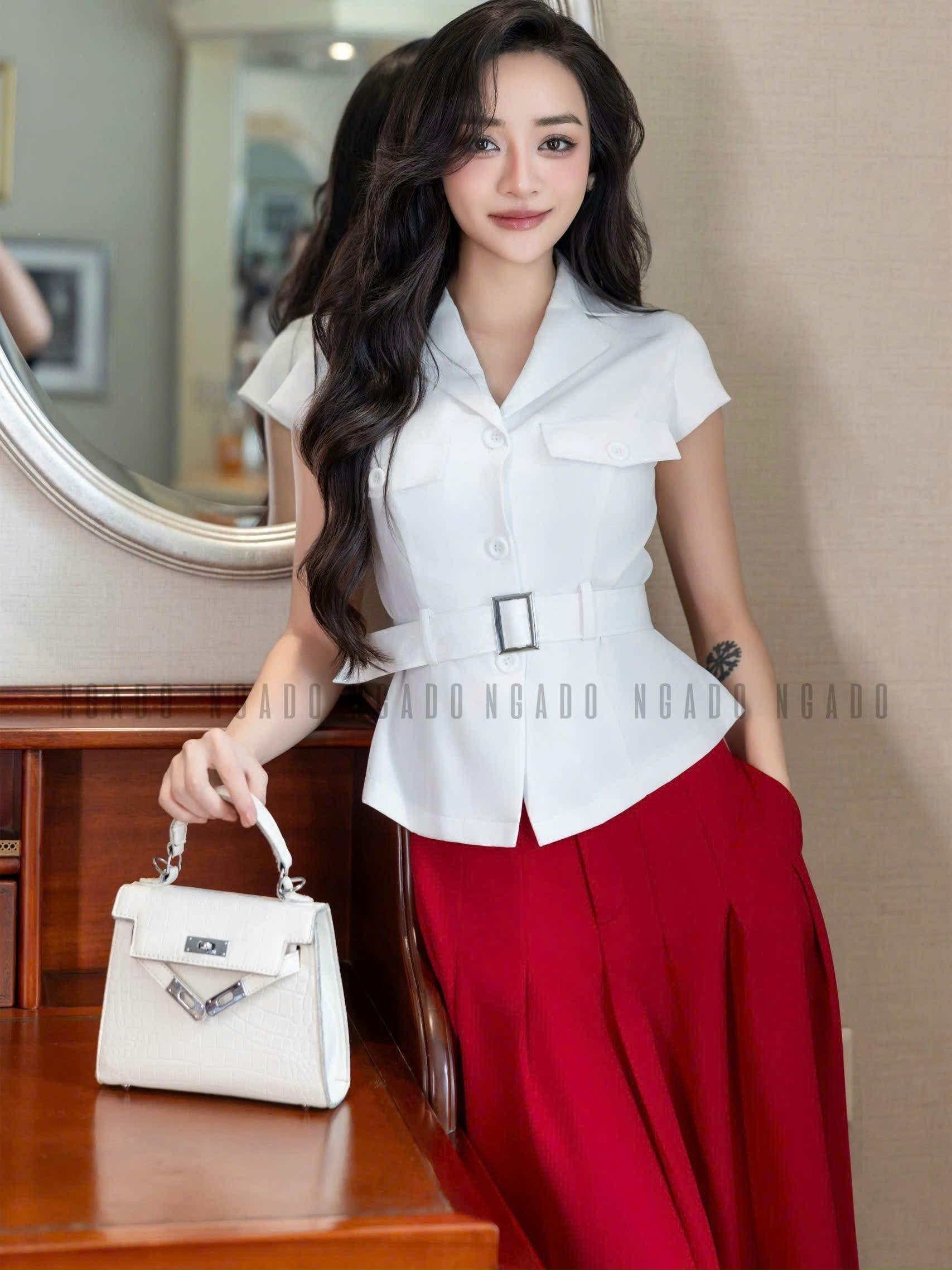 Set áo váy vest trắng đỏ NGADO , set áo váy vest , set công sở