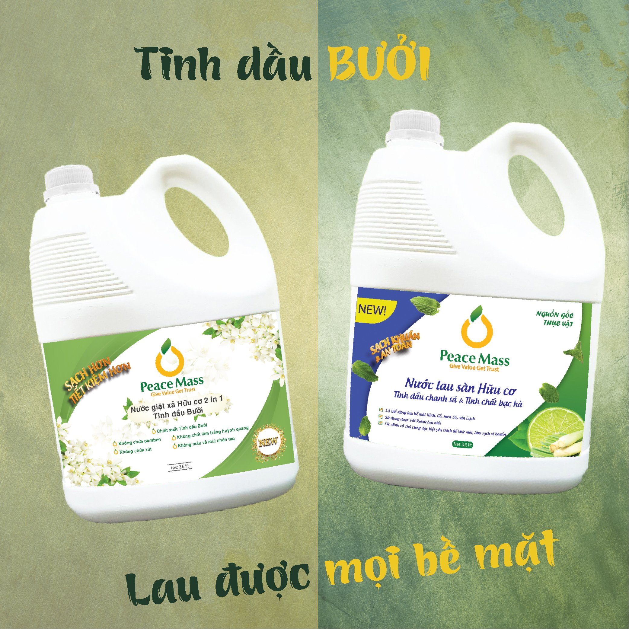 Combo Sản Phẩm Gốc Thực Vật NGB4 Peace Mass Nước Giặt Xả 2 in 1 3.6 l + Nước Lau Sàn TD Chanh Sả -Bạc Hà 3.6l (Thuộc nhóm Sản phẩm Lành tính / Hữu cơ)